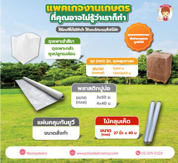 - ไม้คลุมเห็ด (พลาสติกแผ่นคลุมแปลงเห็ด) ขนาด  27นิ้วx40เมตร
- ถุงเพาะชำสีขาว ถุงเพาะกล้า ถุงปลูกเมล่อน 
- ถุงมุ้ง คลุมพาเลท 
- พลาสติกปูบ่อ ขนาด 3X50 ม., 4x40 ม.
