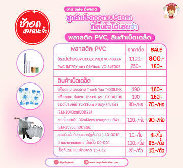 ยุคนี้อะไรประหยัดได้ก็ควรประหยัด งาน Sale อัพเดตต้องมาแล้วล่ะหลายตัวไซส์ใกล้เคียงแต่ราคาถูกไปเยอะ ปล่อยไว้ไม่ได้แล้วววลูกค้าเลือกดูตามประเภทที่สนใจได้เลยจ้า- หมวดถุงแก้ว- หมวดถุง PP- หมวดถุงช้อป